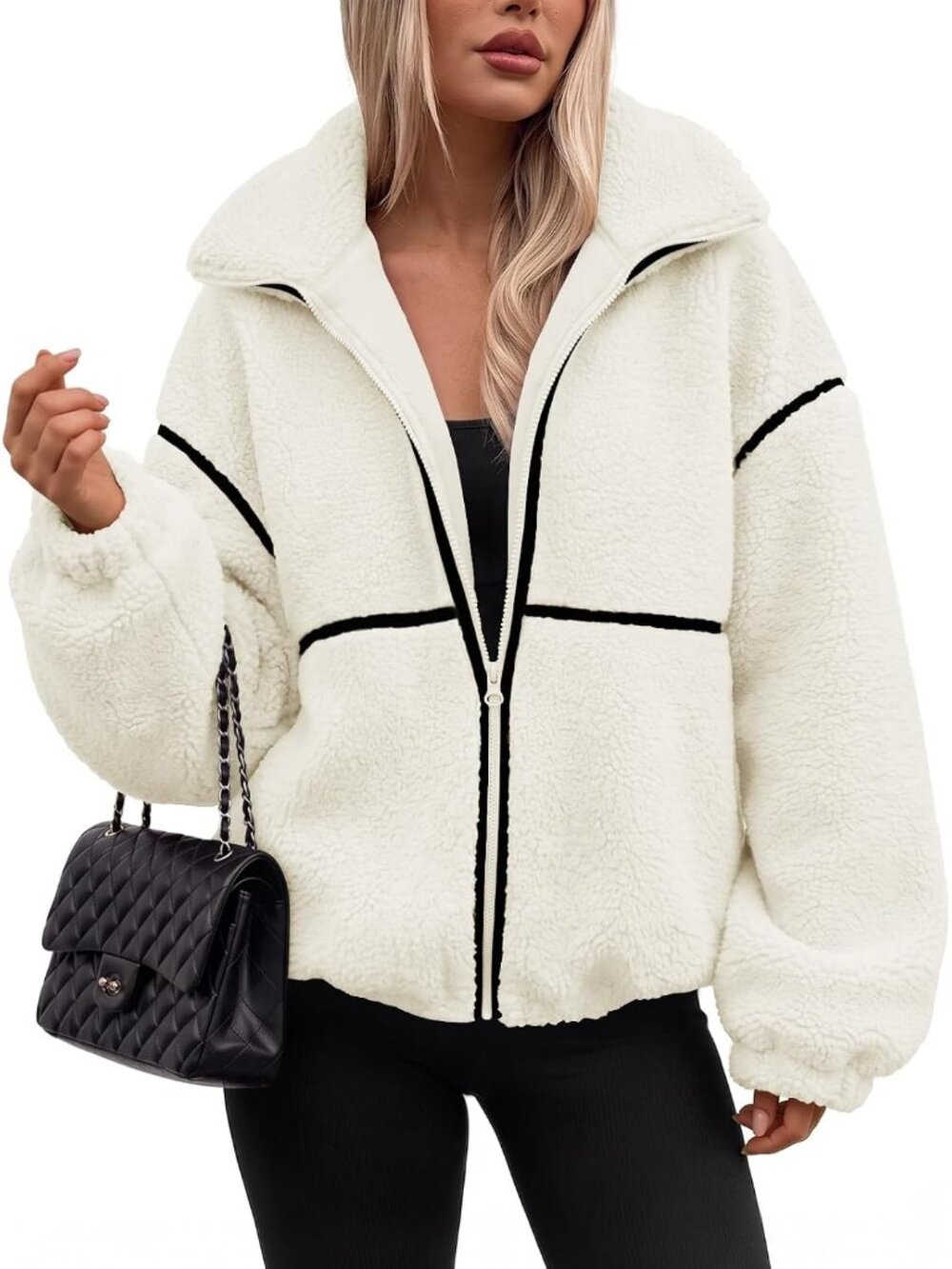 Women White Stand Collar Teddy Coats Oversized Zip Up Cuff Sleeve Fleece Jacket
